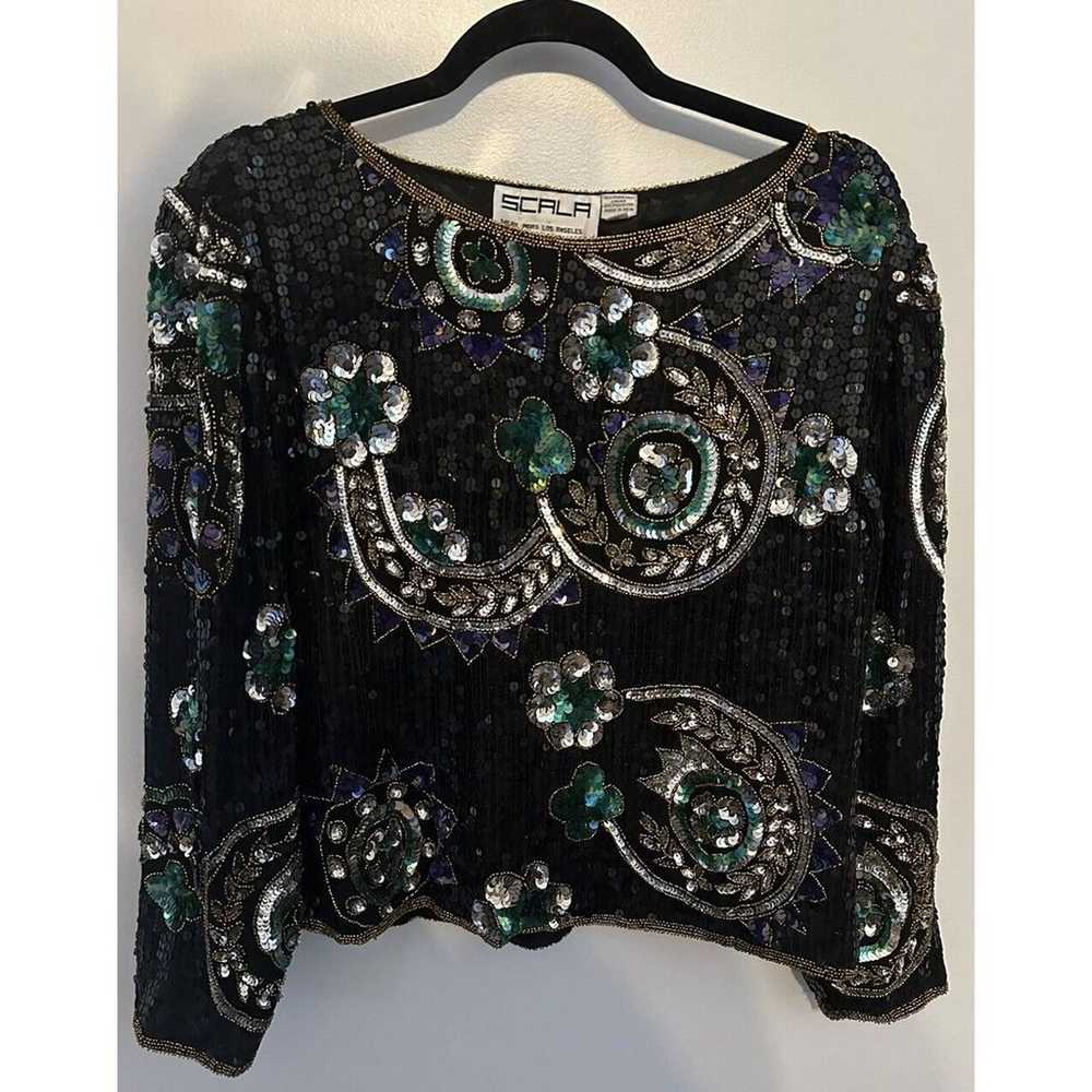 Scala Beades/Sequin Pure Silk Blouse Black Green … - image 1