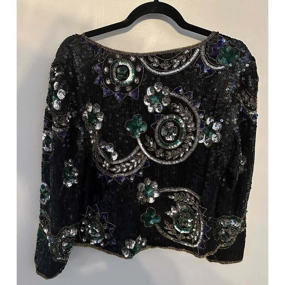 Scala Beades/Sequin Pure Silk Blouse Black Green … - image 2