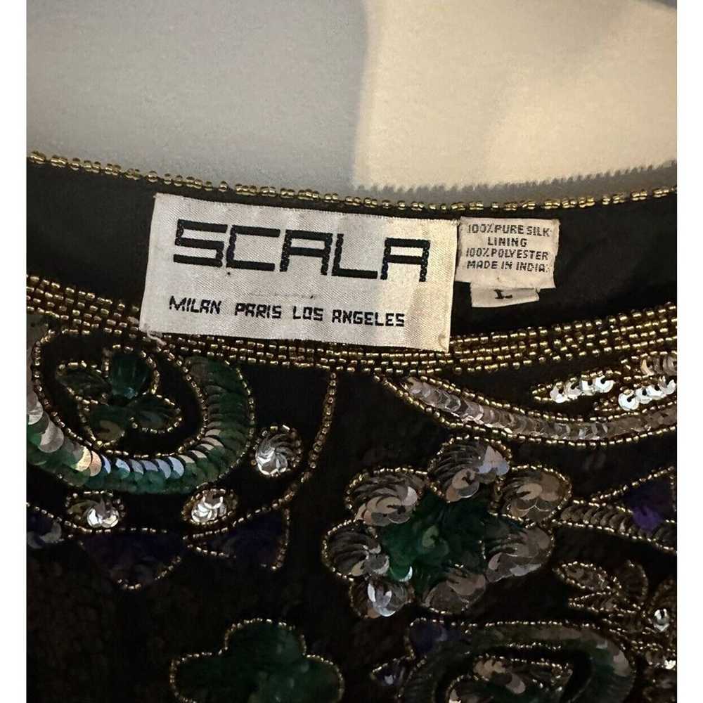 Scala Beades/Sequin Pure Silk Blouse Black Green … - image 3