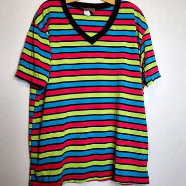 Vintage V Neck Tshirt Rainbow Stripes Forenza 80s… - image 1