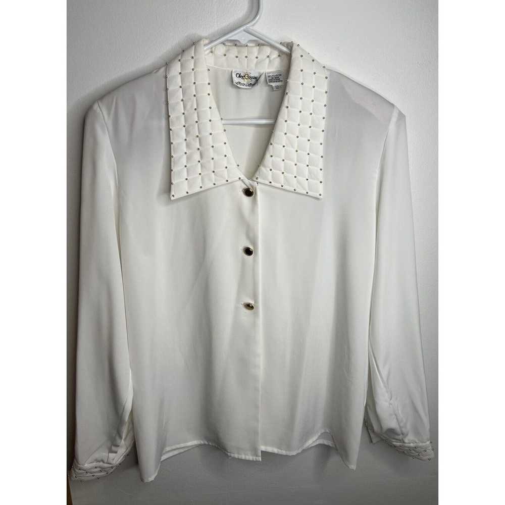 Vintage Oleg Cassini Simple White Top Blouse Gold… - image 1