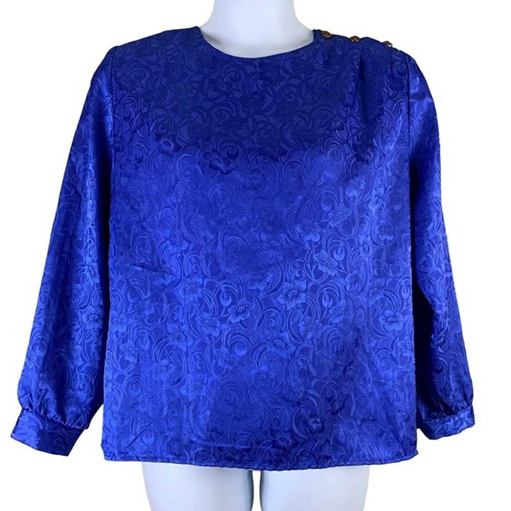 Vintage Shirt Royal Blue Shoulder Pads Floral Jac… - image 1