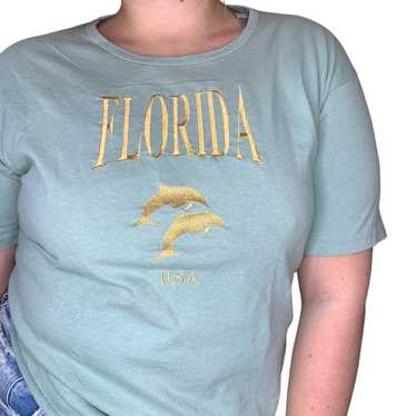 Vintage Sage Green Florida Dolphin Embroidered Si… - image 1