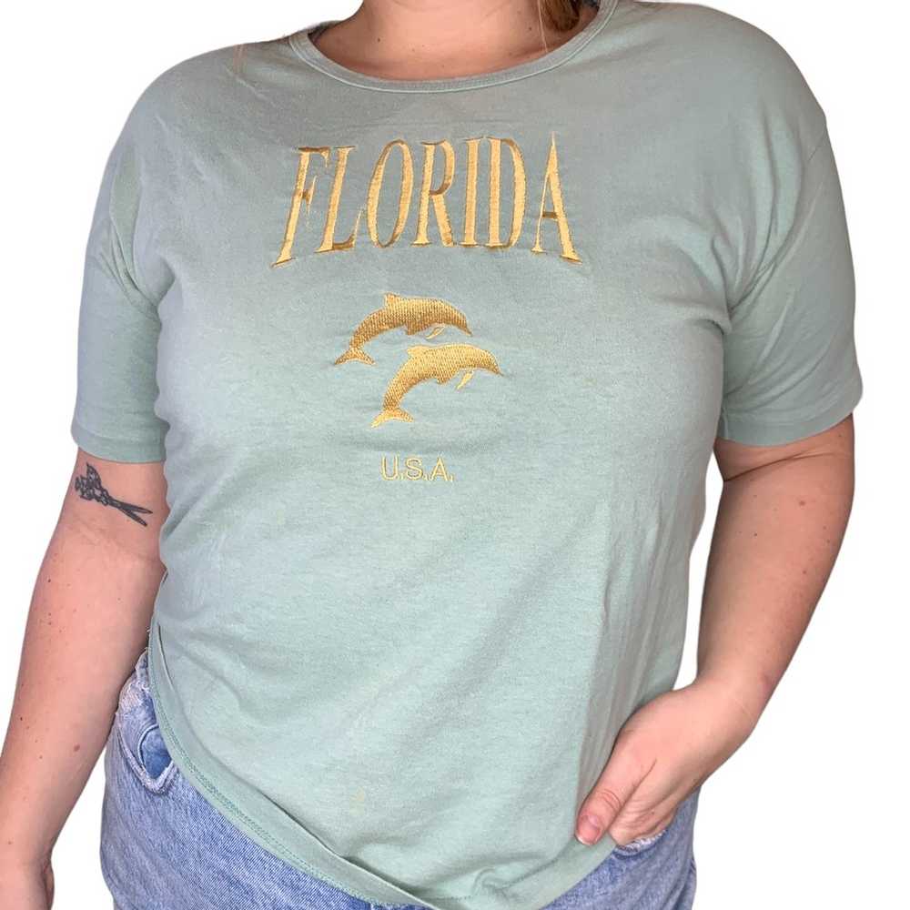 Vintage Sage Green Florida Dolphin Embroidered Si… - image 2