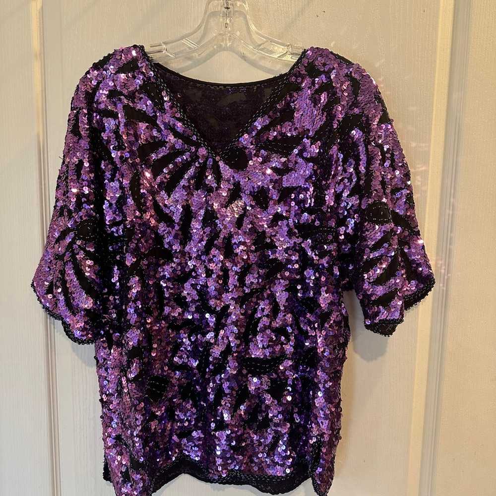 Vintage sequin and beaded purple and black blouse… - image 1