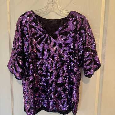 Vintage sequin and beaded purple and black blouse… - image 1