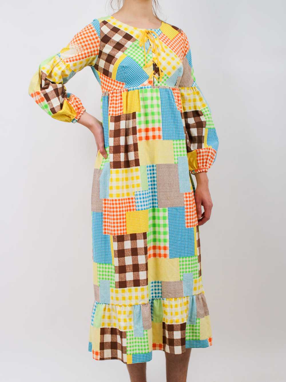 1970s Patchwork Print Puff Sleeve Cotton Maxi Dre… - image 1