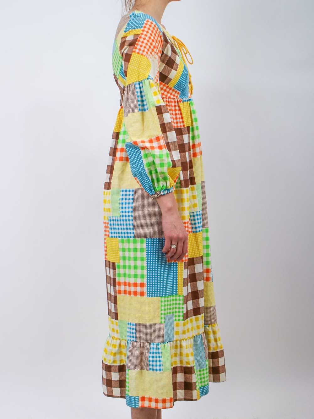 1970s Patchwork Print Puff Sleeve Cotton Maxi Dre… - image 2