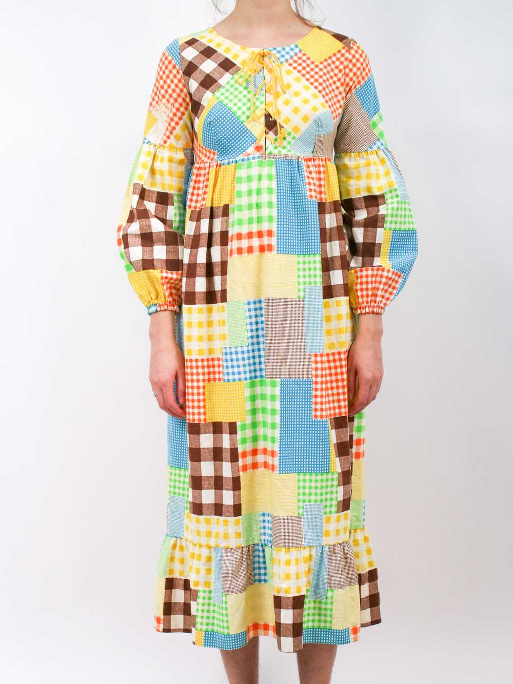 1970s Patchwork Print Puff Sleeve Cotton Maxi Dre… - image 3