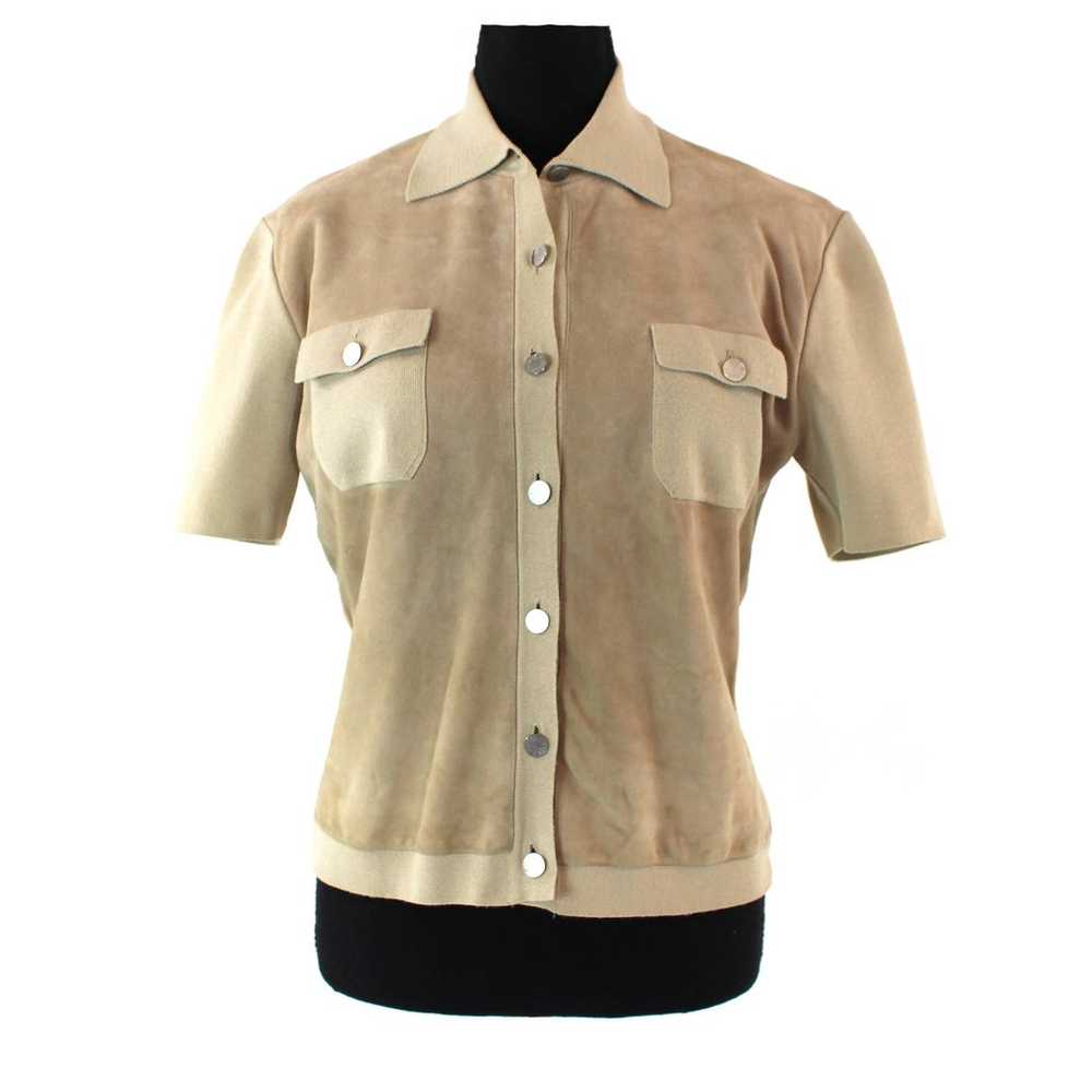 Hermes Suede Tan Knit Cotton Button Up Collared P… - image 1