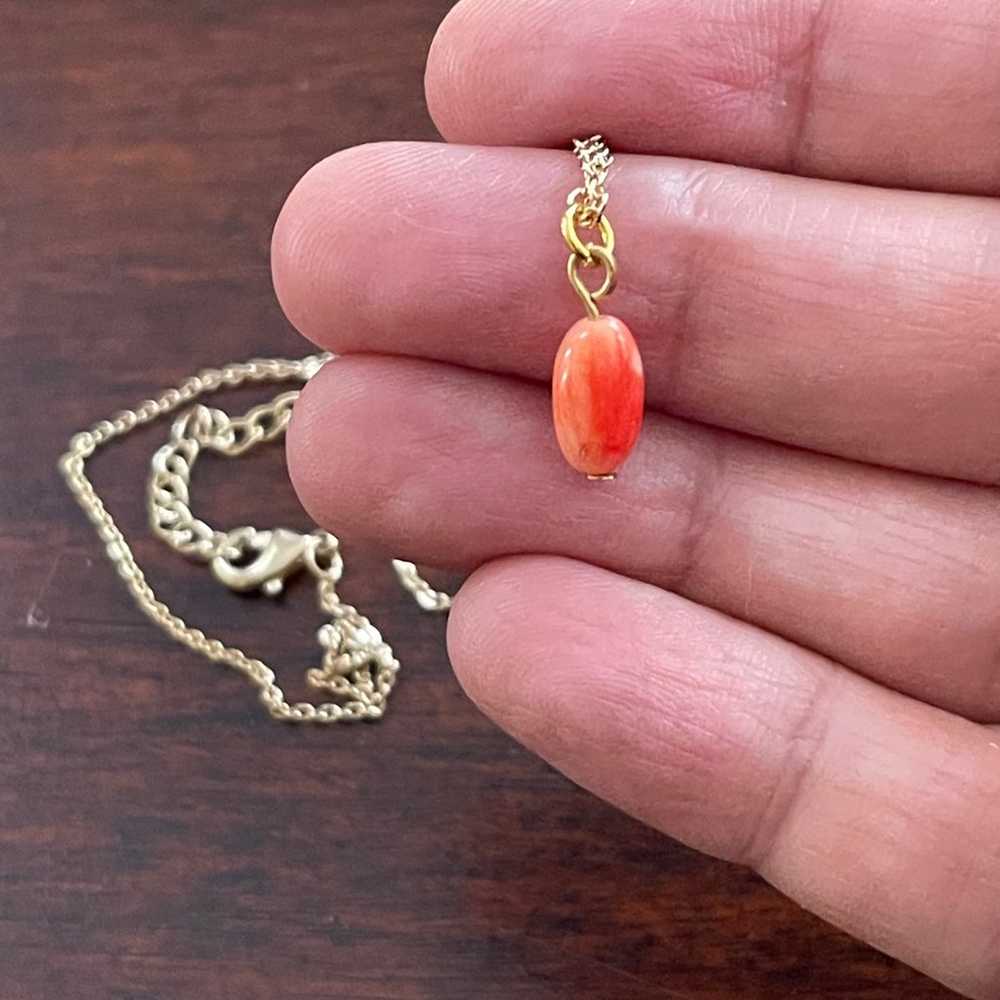 Dainty pink red coral pendant gold tone chain - image 2