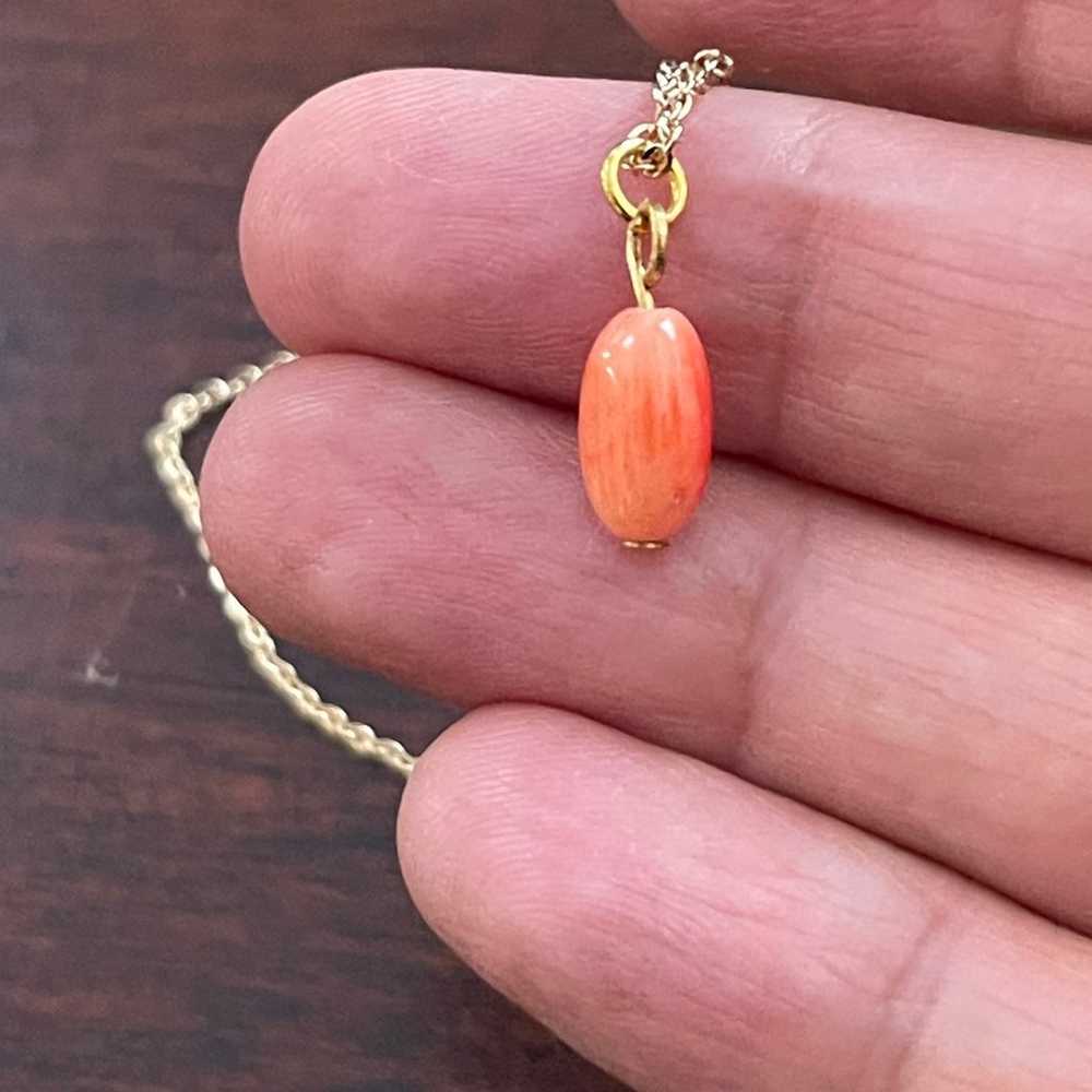 Dainty pink red coral pendant gold tone chain - image 3