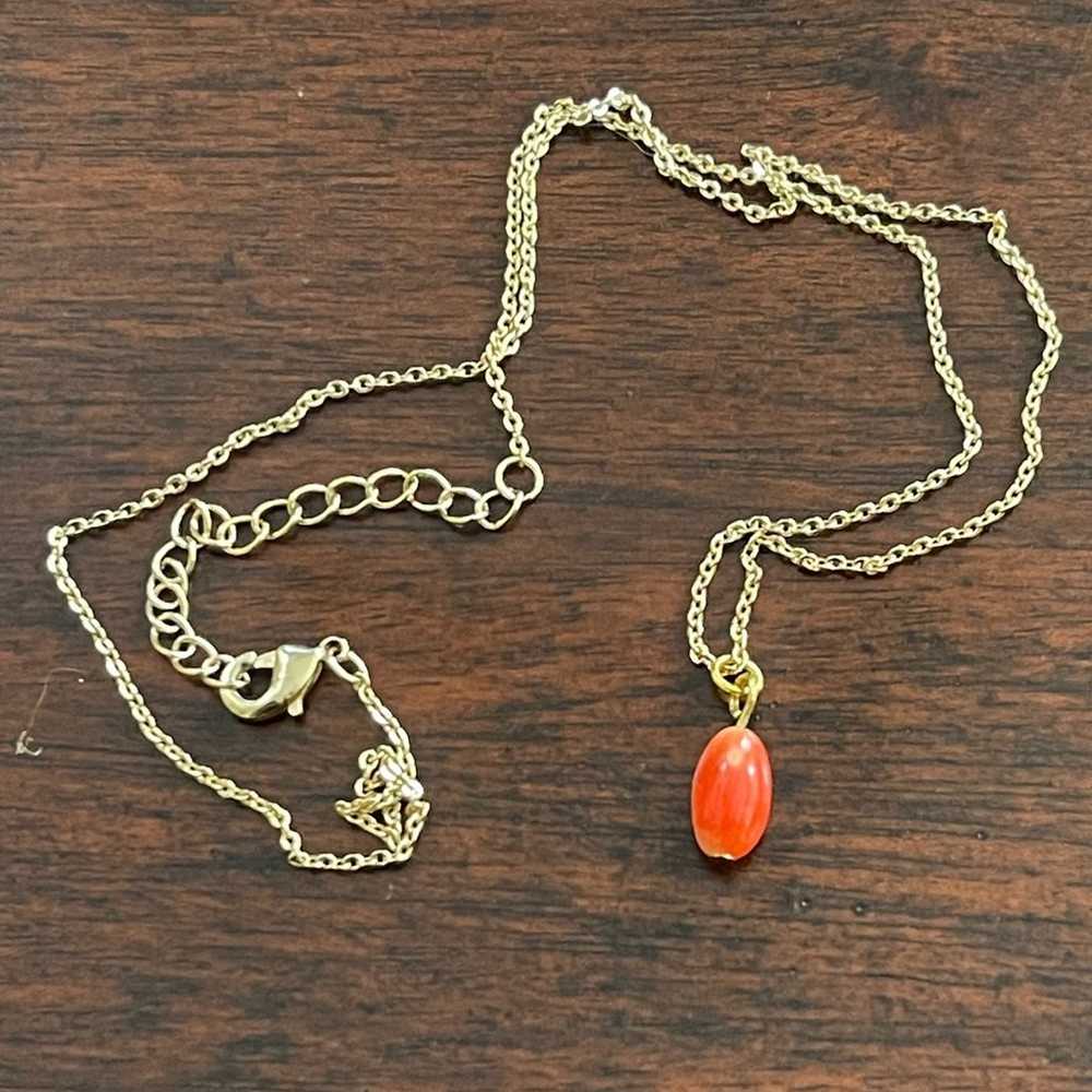 Dainty pink red coral pendant gold tone chain - image 4