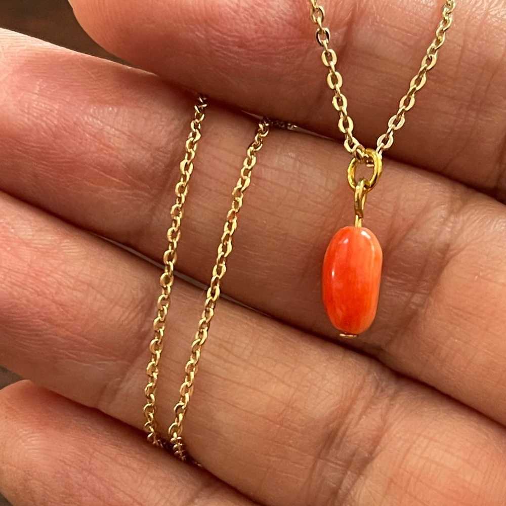 Dainty pink red coral pendant gold tone chain - image 5