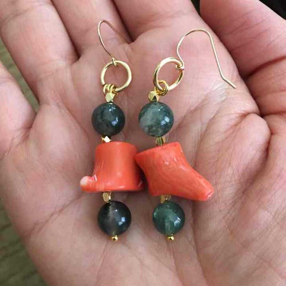 Genuine coral moss agate GF 925 earrings - image 2