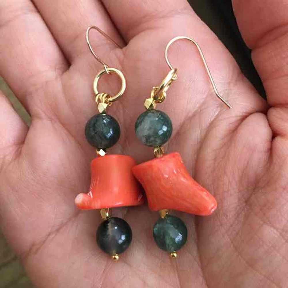 Genuine coral moss agate GF 925 earrings - image 3