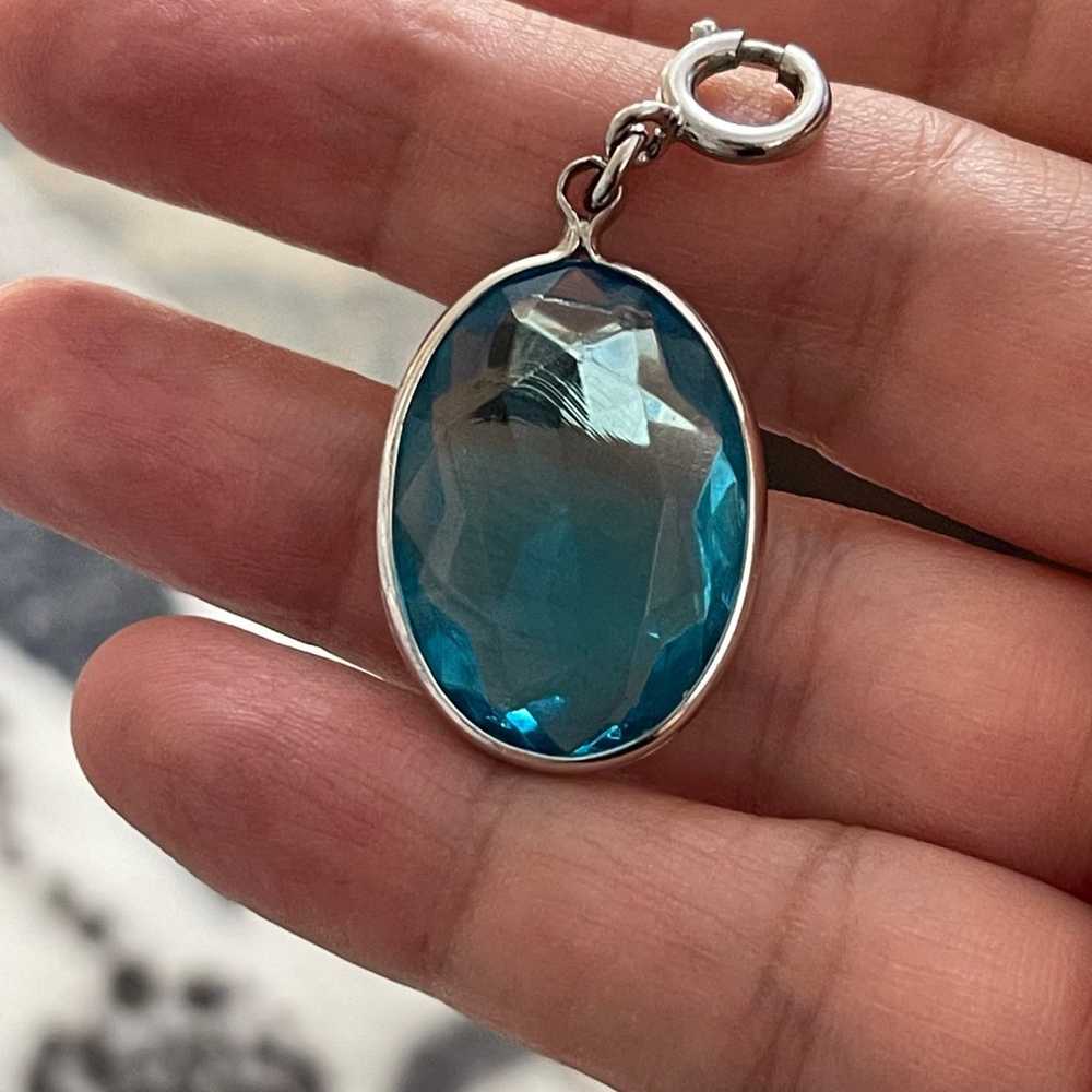 Faceted blue crystal glass silver tone pendant an… - image 10