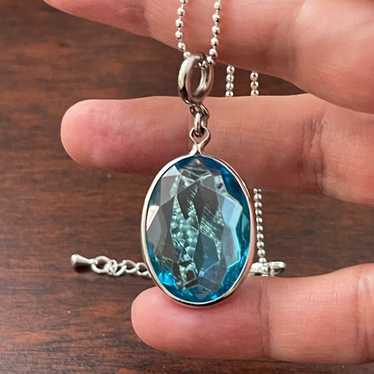 Faceted blue crystal glass silver tone pendant an… - image 1