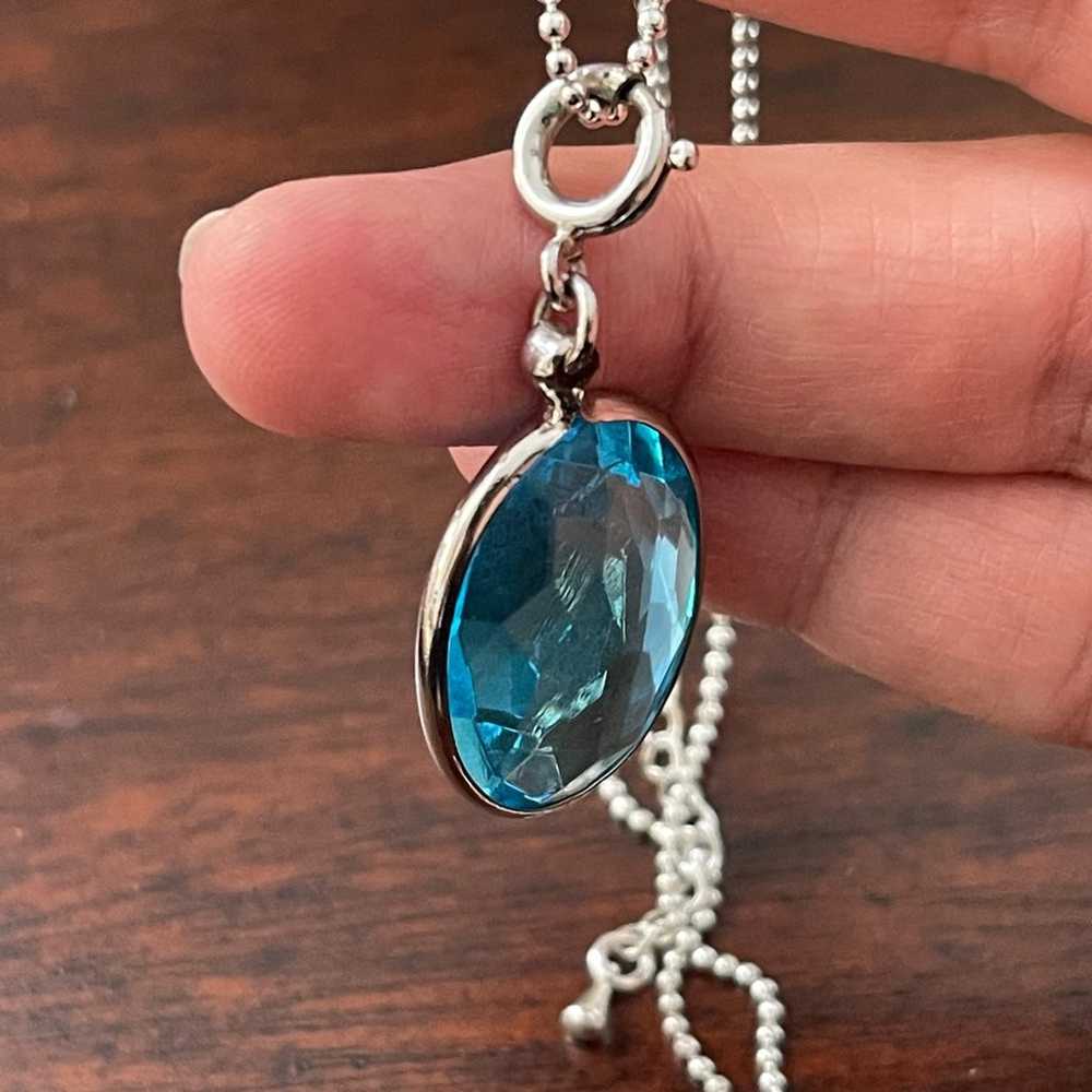 Faceted blue crystal glass silver tone pendant an… - image 2