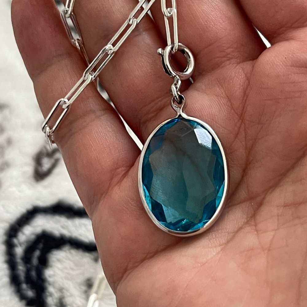 Faceted blue crystal glass silver tone pendant an… - image 8