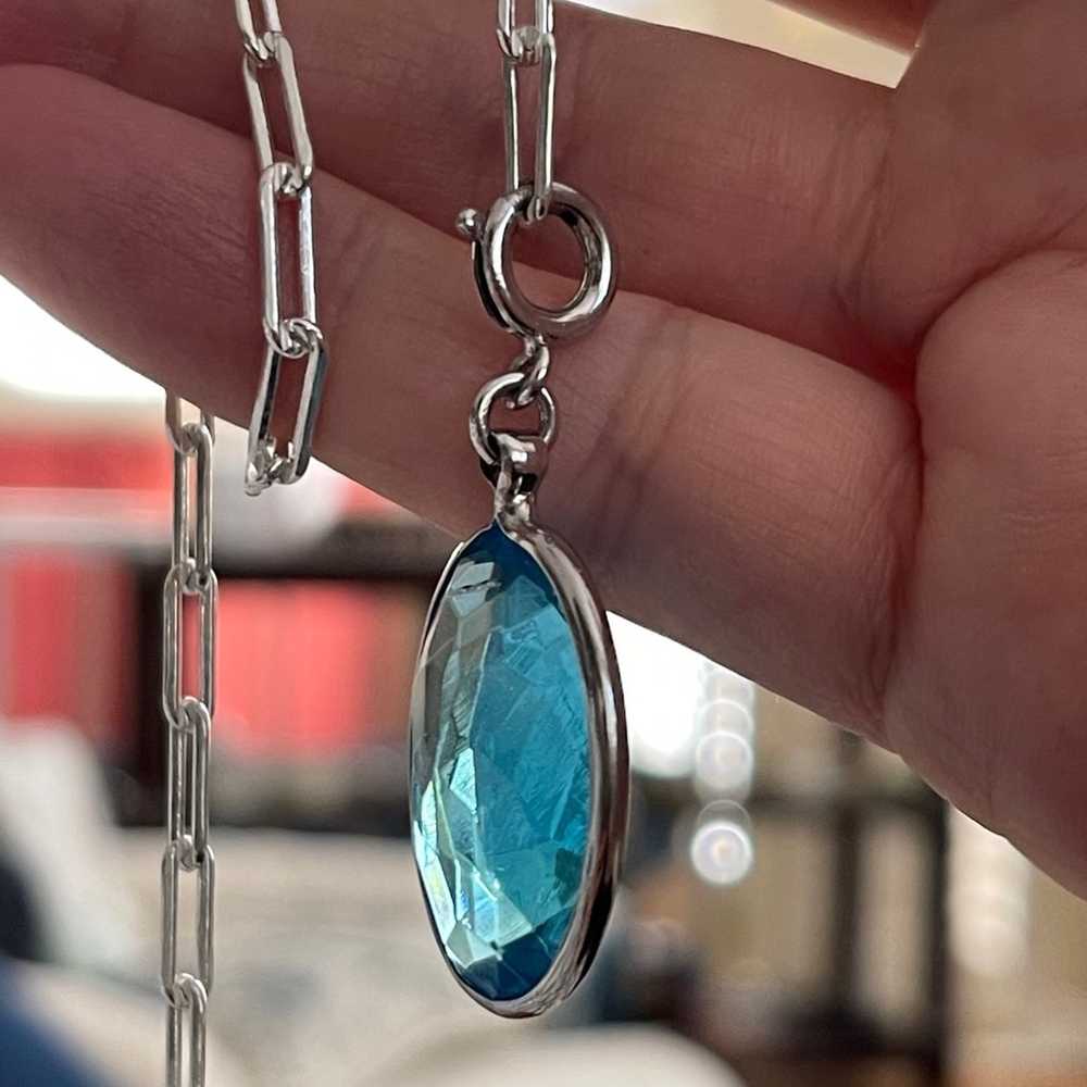 Faceted blue crystal glass silver tone pendant an… - image 9