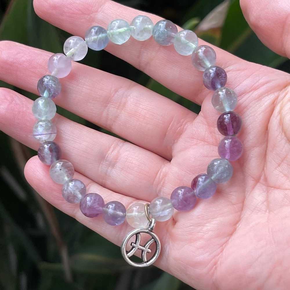 Natural fluorite bead & silver Pisces zodiac symb… - image 1