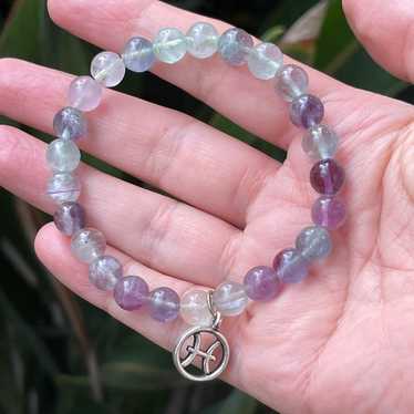 Natural fluorite bead & silver Pisces zodiac symb… - image 1