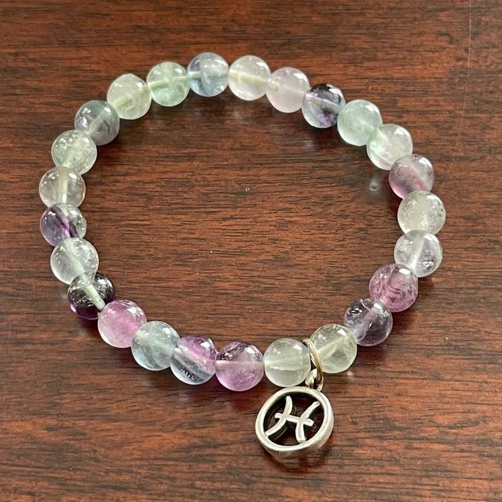 Natural fluorite bead & silver Pisces zodiac symb… - image 2