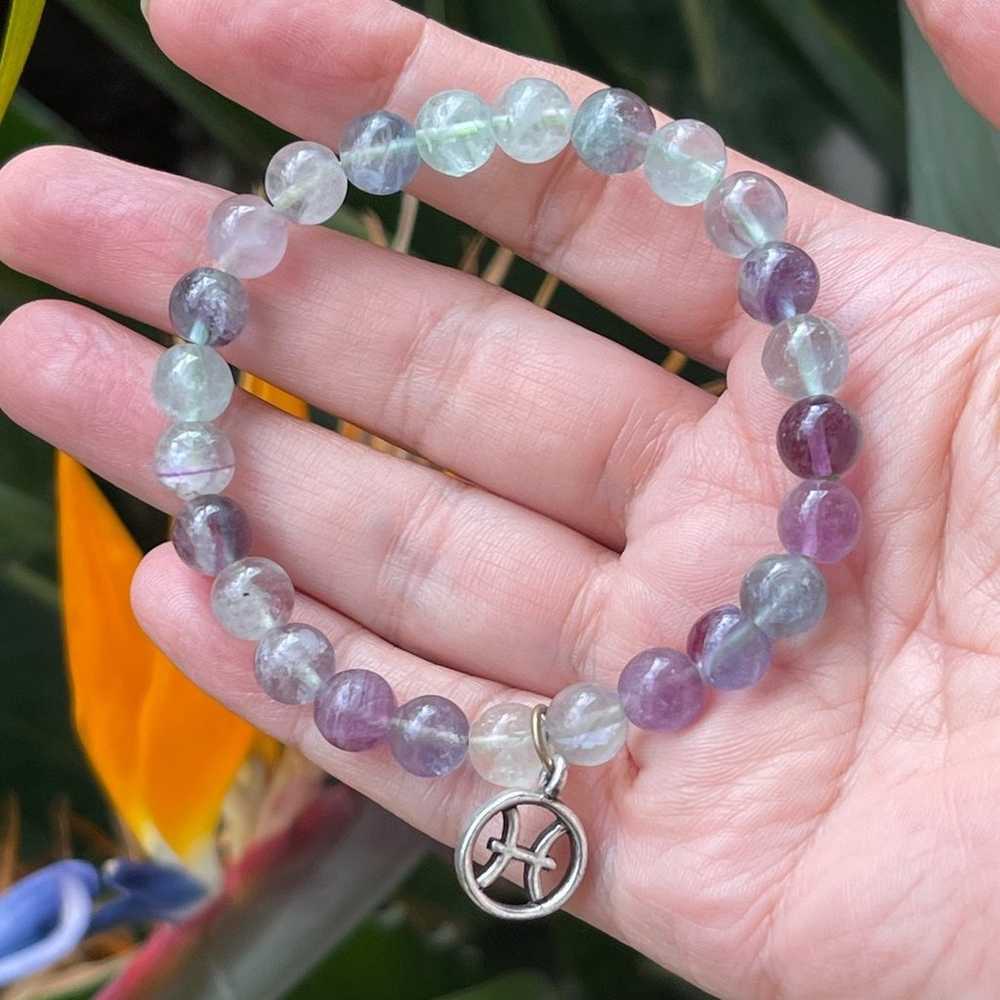 Natural fluorite bead & silver Pisces zodiac symb… - image 3