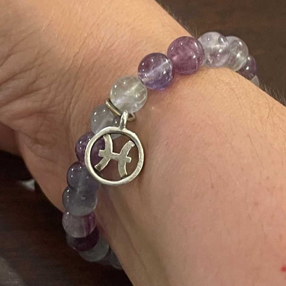 Natural fluorite bead & silver Pisces zodiac symb… - image 4