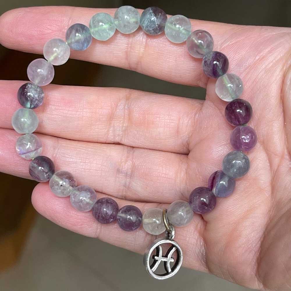 Natural fluorite bead & silver Pisces zodiac symb… - image 5