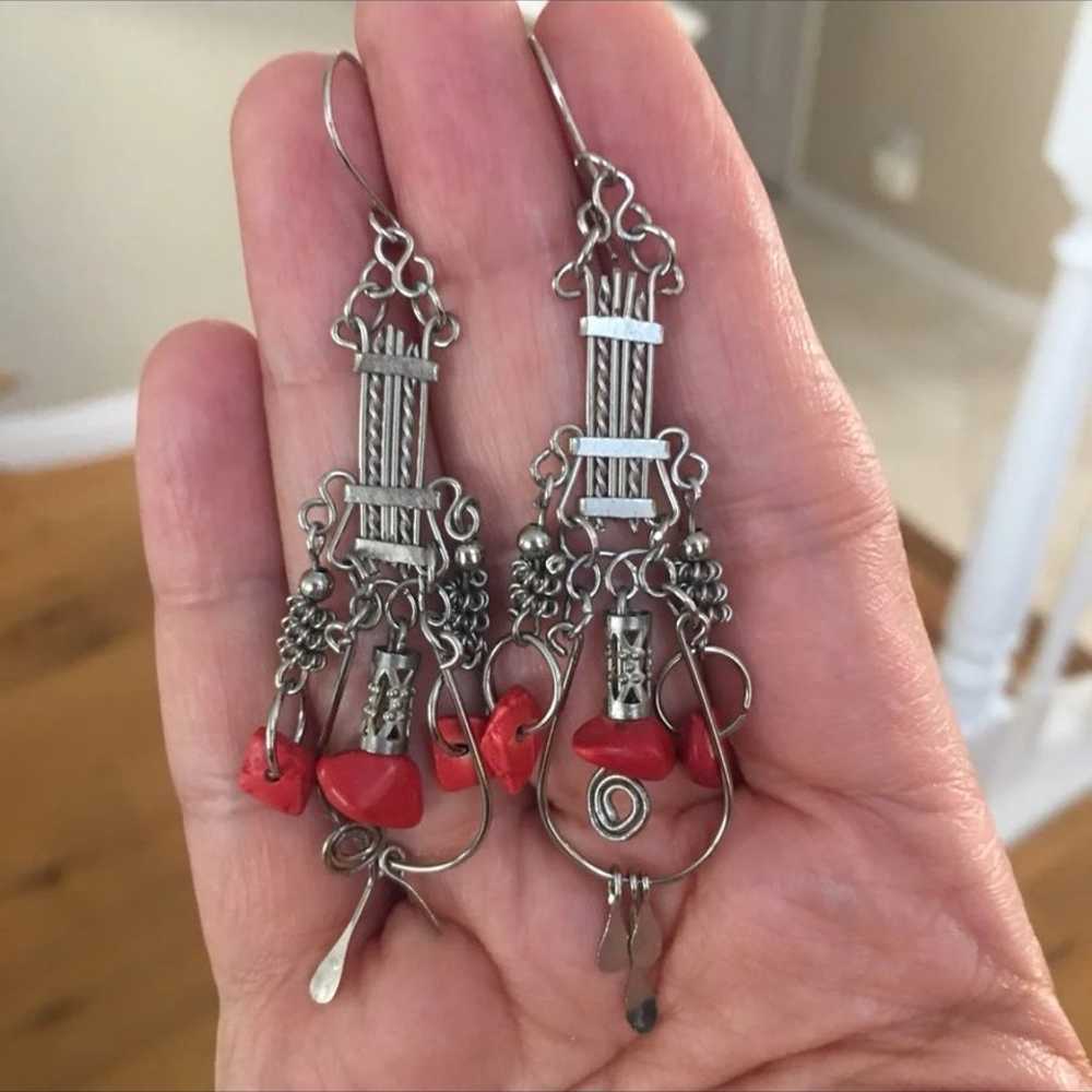 Navajo silver & coral earrings - image 1