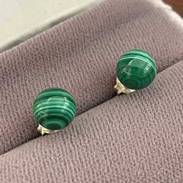 Natural malachite silver tone metal stud earrings - image 1