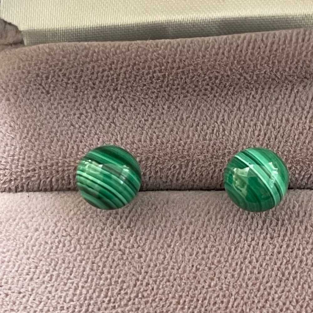 Natural malachite silver tone metal stud earrings - image 5