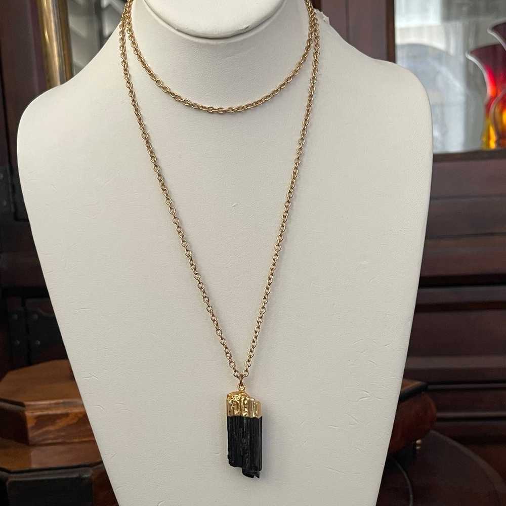 Natural black tourmaline gold tone pendant & long… - image 2