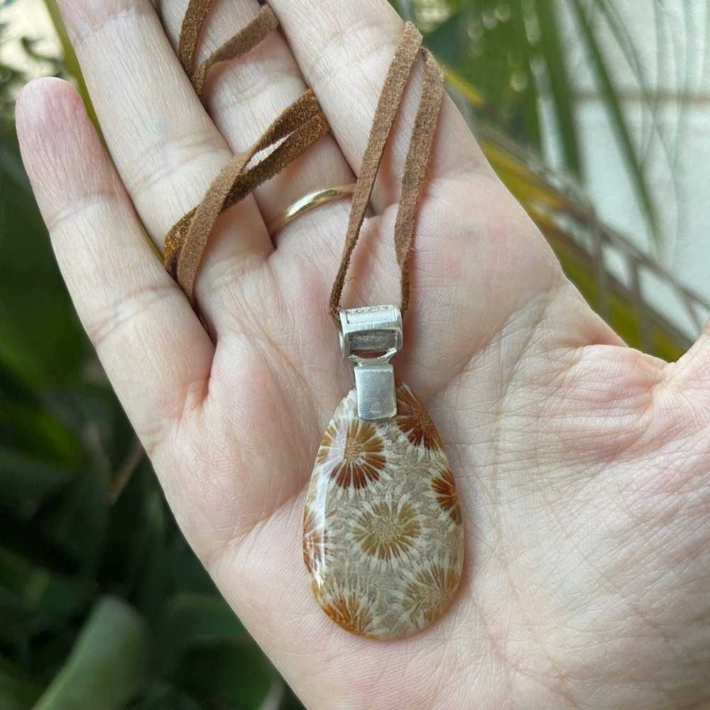 Fossilized coral sterling silver tan suede pendan… - image 10