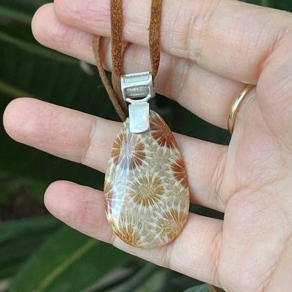 Fossilized coral sterling silver tan suede pendan… - image 11