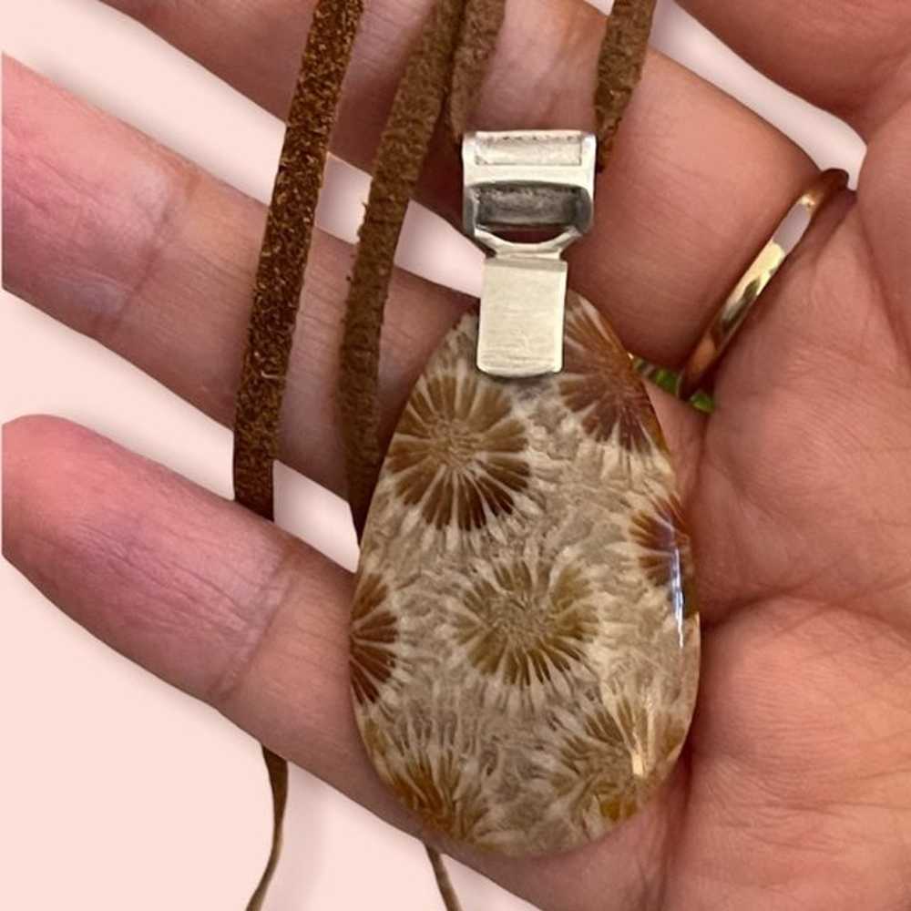 Fossilized coral sterling silver tan suede pendan… - image 2