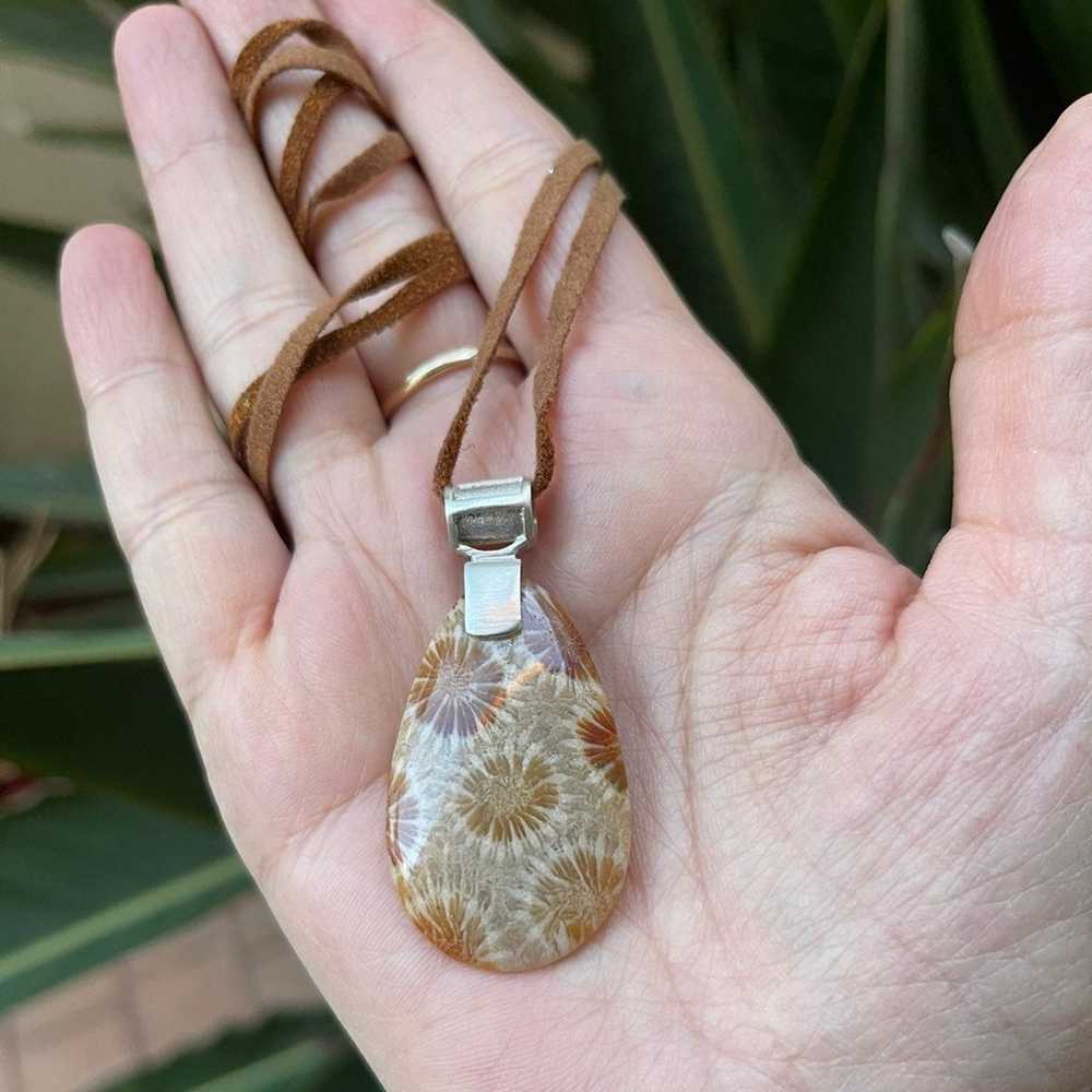 Fossilized coral sterling silver tan suede pendan… - image 3