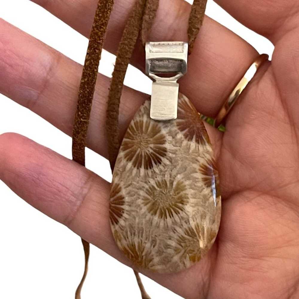 Fossilized coral sterling silver tan suede pendan… - image 4