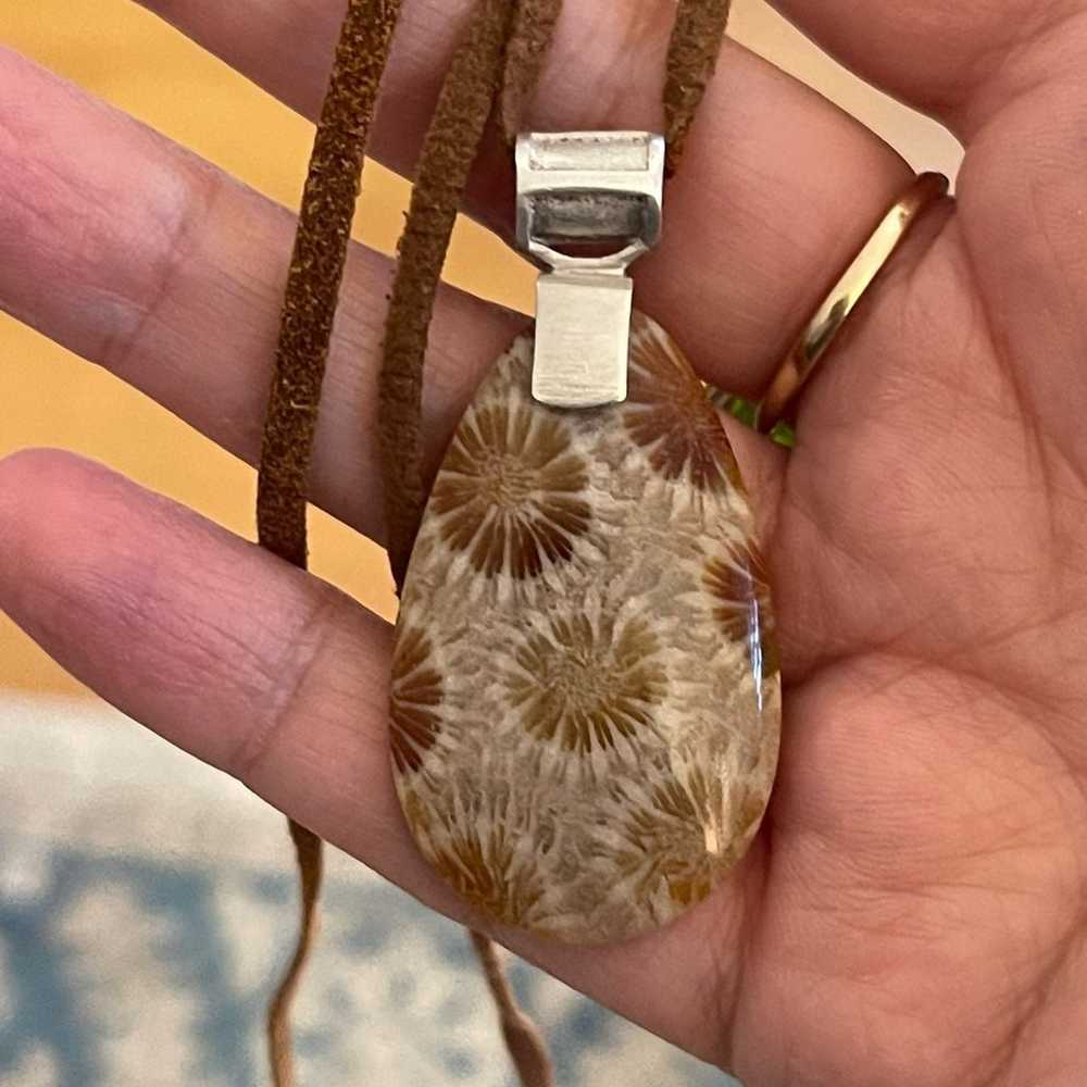 Fossilized coral sterling silver tan suede pendan… - image 7