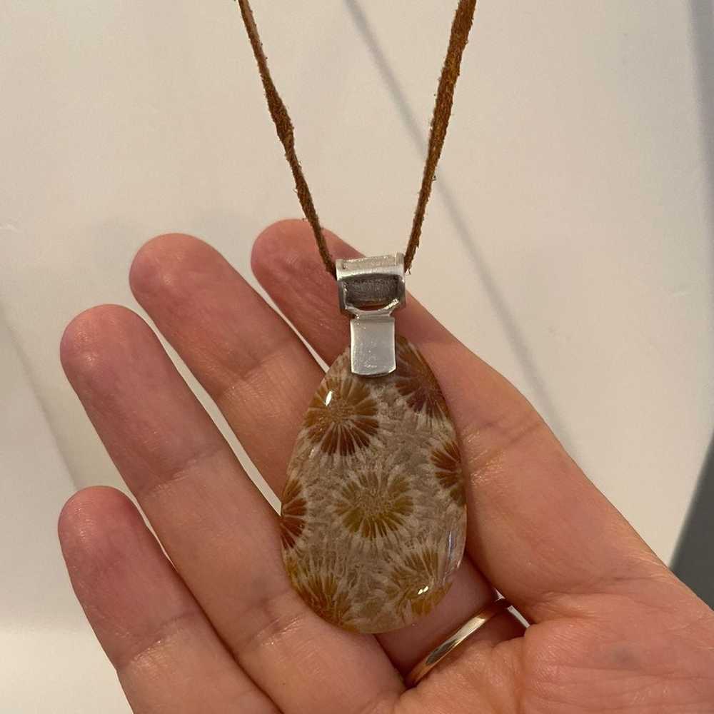 Fossilized coral sterling silver tan suede pendan… - image 9