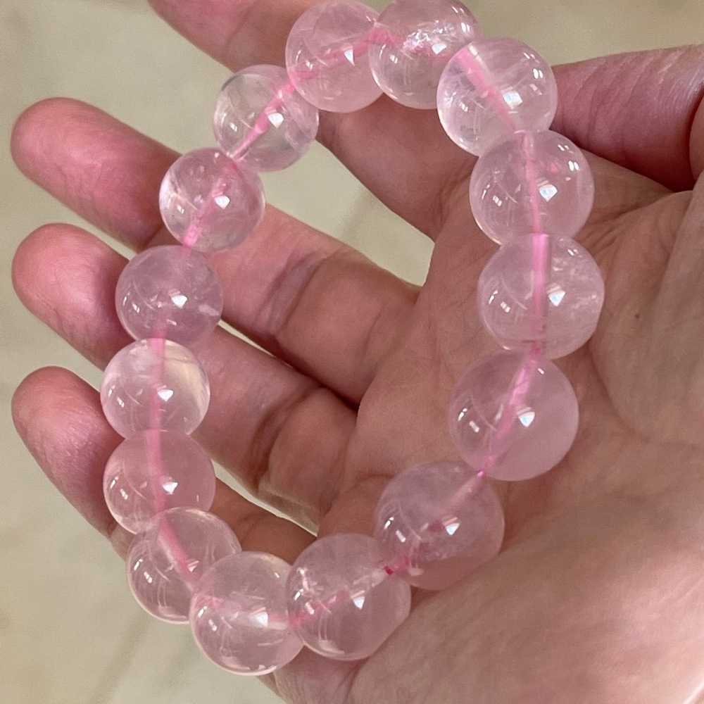 Top quality 14mm rose quartz bead stretchy bangle… - image 6