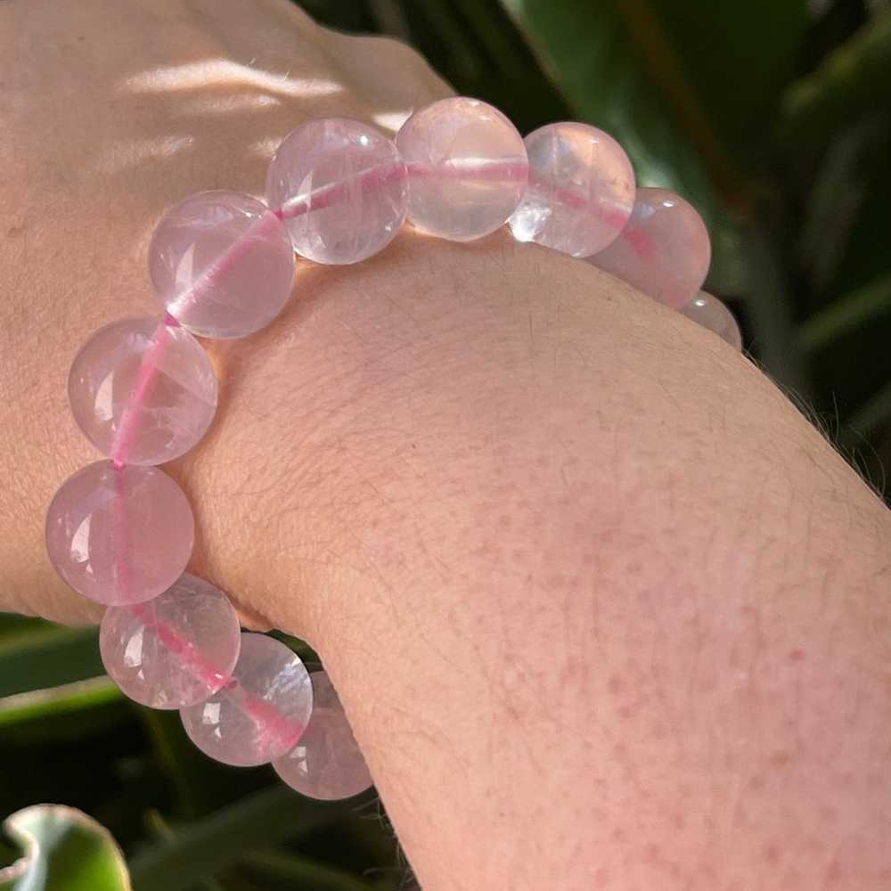 Top quality 14mm rose quartz bead stretchy bangle… - image 7