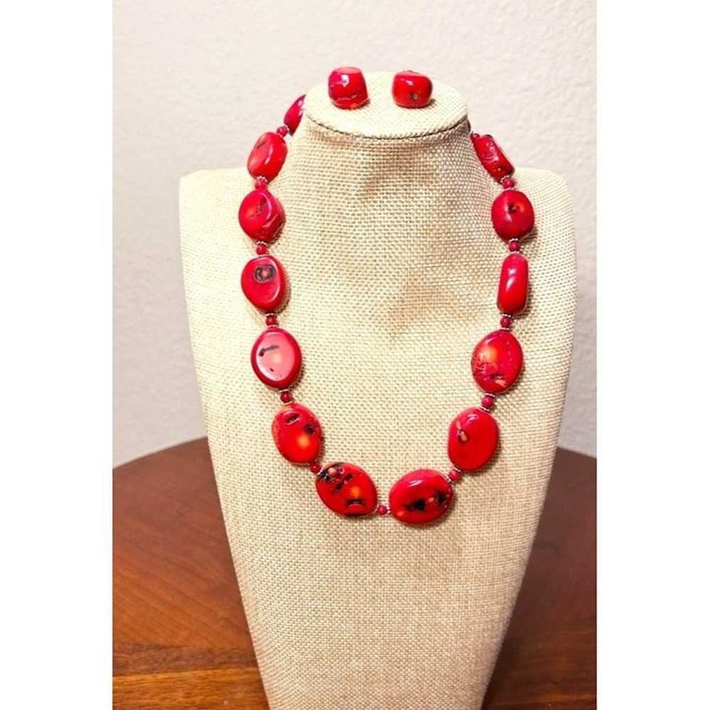 Vintage Chunky Red Coral Oval Beaded Necklace/Ear… - image 1