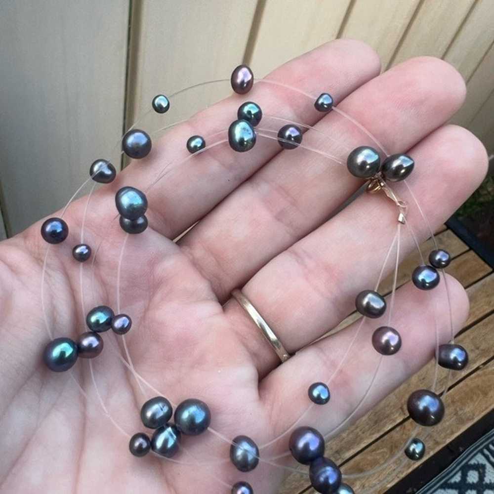 Vintage solid 14k gold genuine black pearl neckla… - image 11