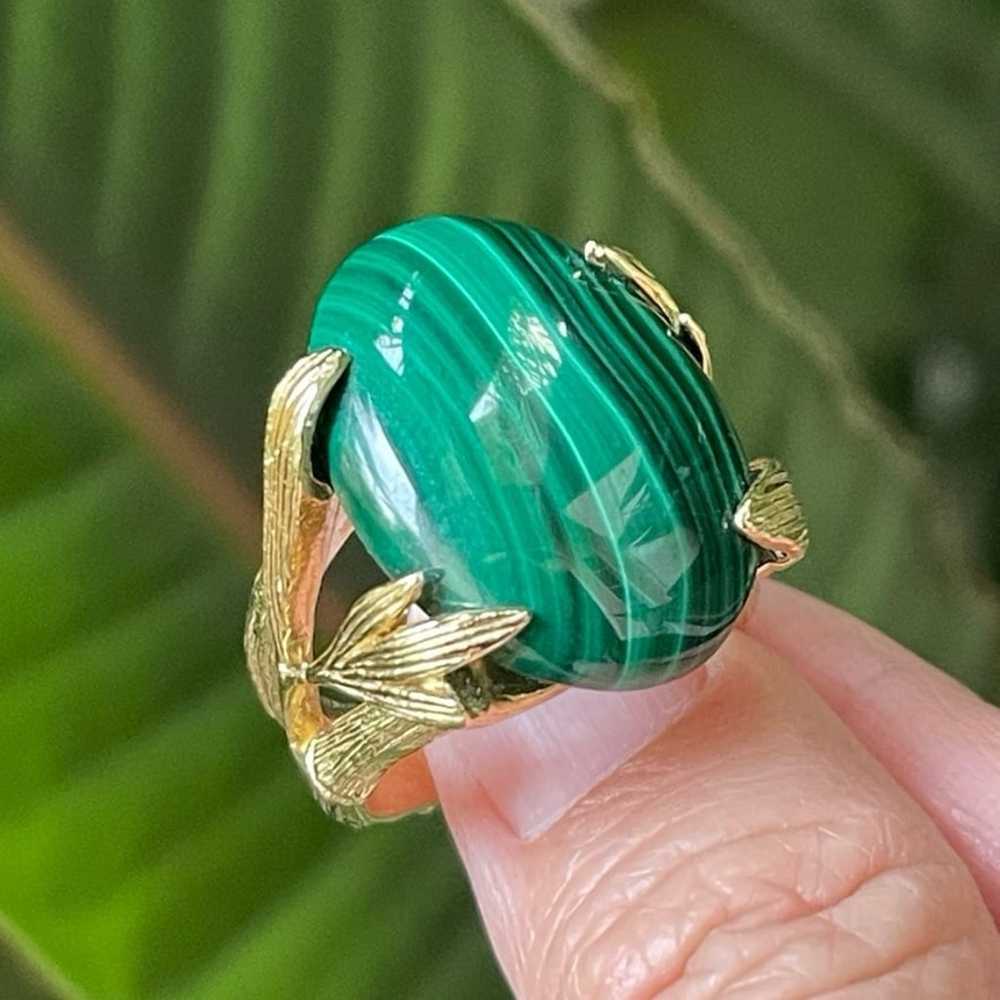 Natural malachite bamboo design gold tone ring - image 1