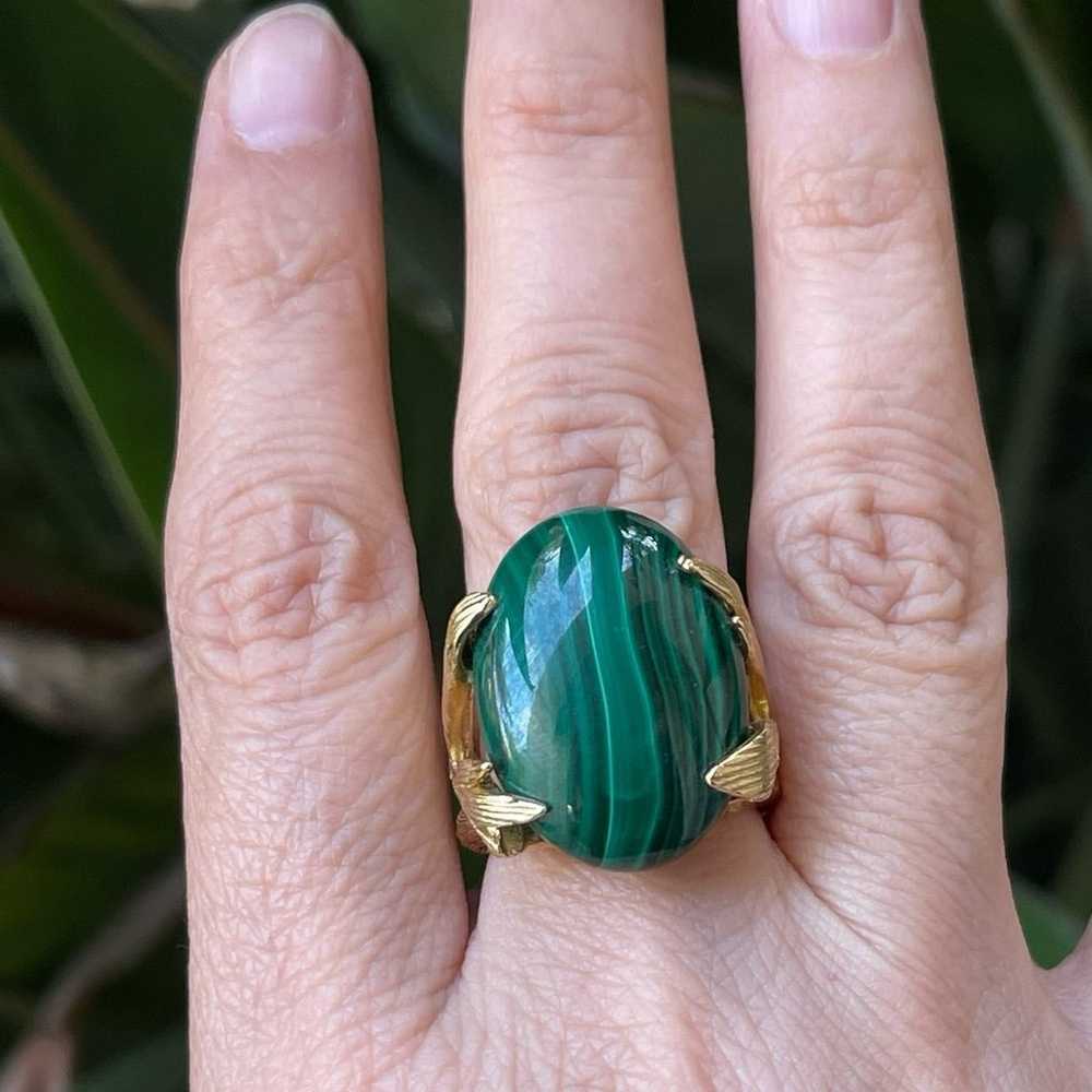 Natural malachite bamboo design gold tone ring - image 2