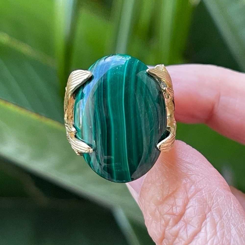 Natural malachite bamboo design gold tone ring - image 3