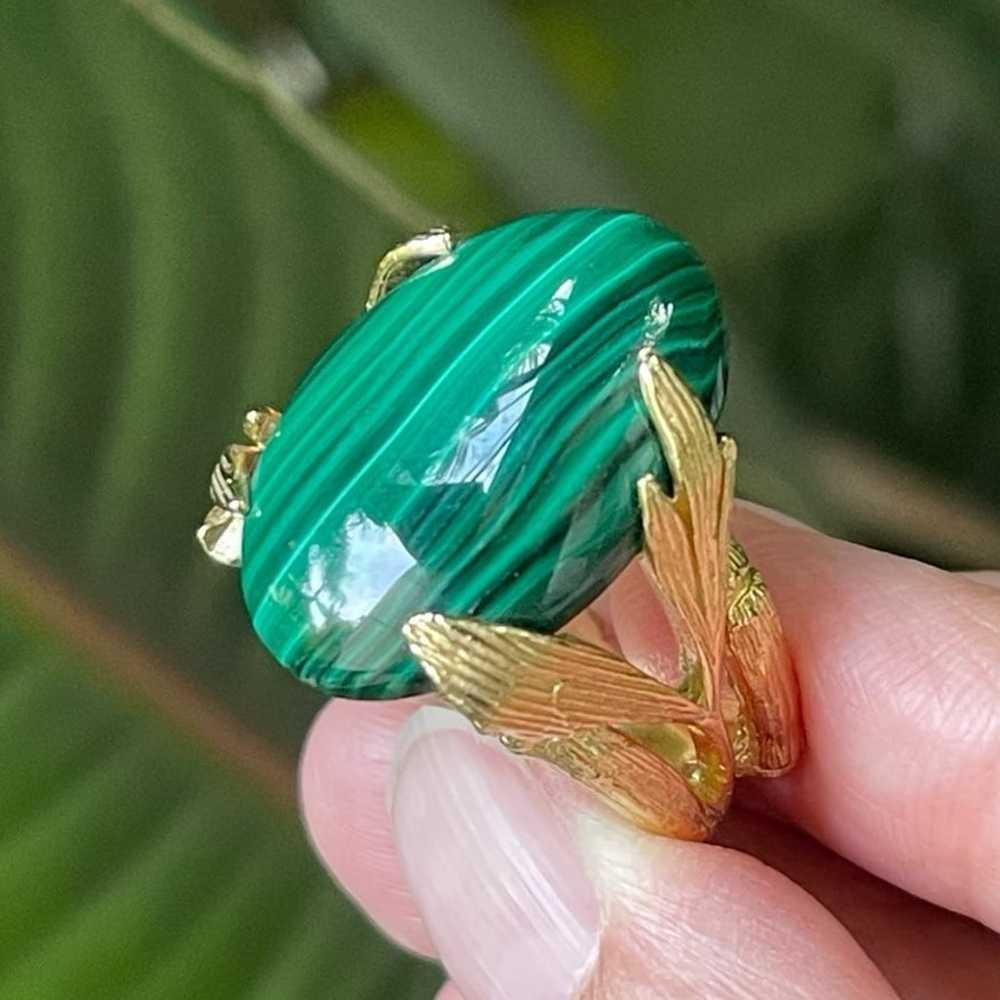 Natural malachite bamboo design gold tone ring - image 4